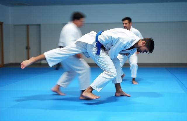 Judo students practicing a throw technique
