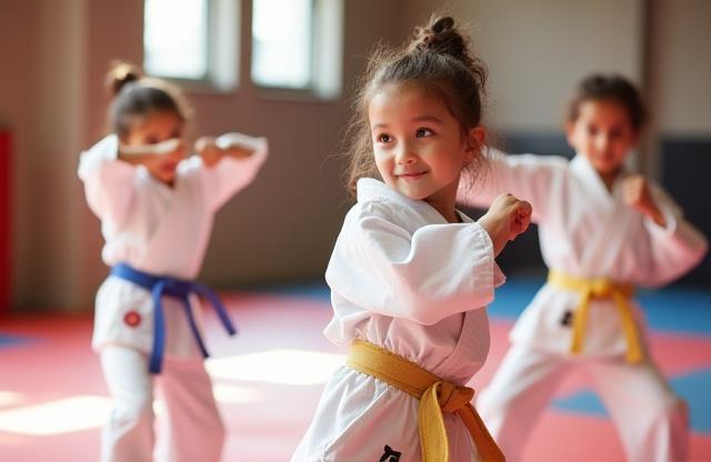 Kids practicing blocks in a martial arts class