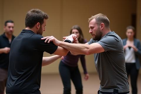 People practicing self-defense techniques in a workshop